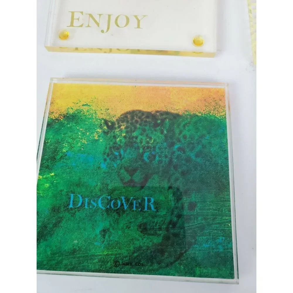 Set of‎ 4 Leopard Clear Coasters Enjoy Wonder Discover Tropical Theme